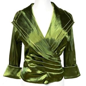 NWT Coldwater Creek Green Shimmer Organza Formal Evening Faux Wrap Blouse 10P
